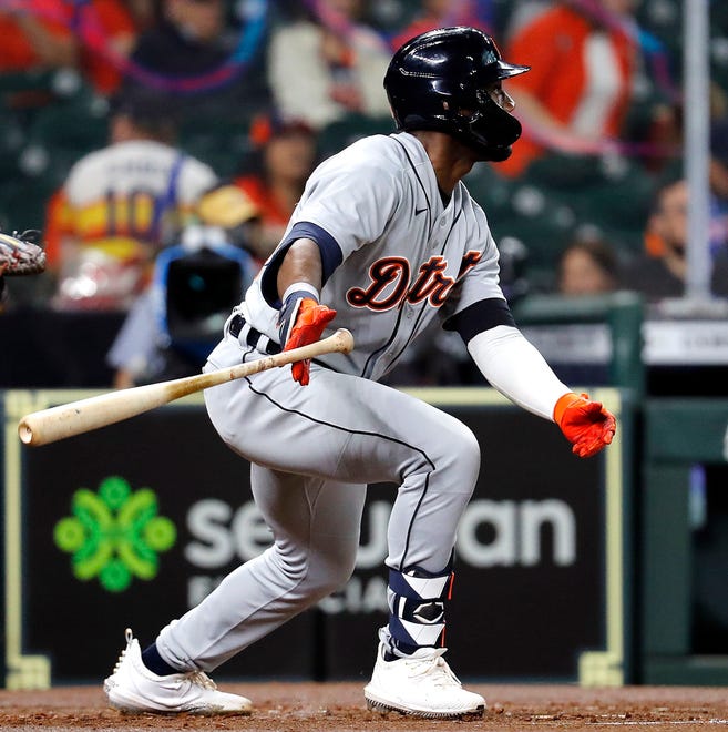 Akil Baddoo #60 of the Detroit Tigers hits a RBI double in the second inning against the Houston Astros at Minute Maid Park on April 14, 2021 in Houston, Texas.