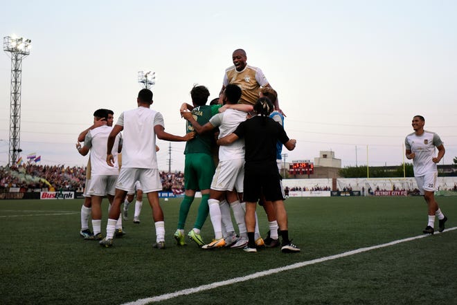 Detroit City FC celebrates after the L.A. Force scored on themselves in the second half, Saturday, July 3, 2021 during the NISA Championship held at Keyworth Stadium in Hamtramck.  Detroit defeated L.A. 1-0.