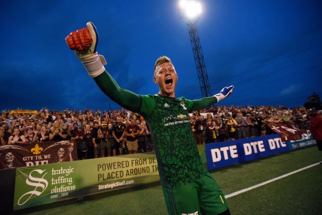 Detroit City FC's Nate Steinwascher celebrates after his team defeated the L.A. Force 1-0, Saturday, July 3, 2021 during the NISA Championship held at Keyworth Stadium in Hamtramck.