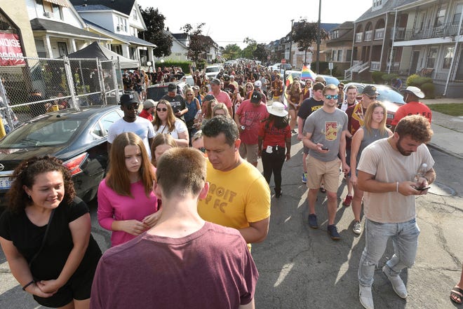 Fans enter Keyworth Stadium along Roosevelt Street to watch a game between Detroit City FC and the L.A. Force, Saturday, July 3, 2021, during the NISA Championship held at Keyworth Stadium in Hamtramck, Mich.
