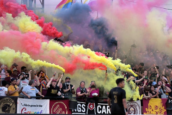 against Detroit City FC fans let the smoke fly after the L.A. Force scored on themselves in the second half, Saturday, July 3, 2021 during the NISA Championship held at Keyworth Stadium in Hamtramck.  Detroit defeated L.A. 1-0.