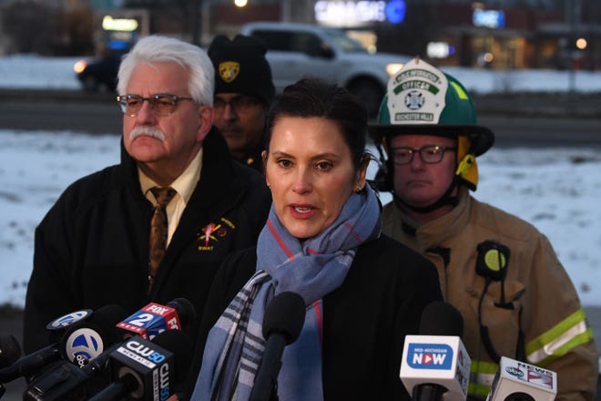 Gov. Gretchen Whitmer speaks during a press conference concerning the Oxford High School shooting in Oxford on Nov. 30, 2021.