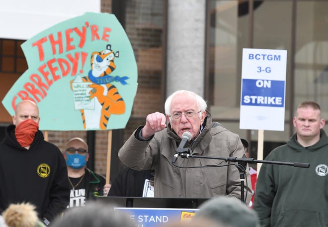 U.S. Senator Bernie Sanders speaks at a rally for striking Kellogg's workers at Farmers Market Square in Battle Creek, Michigan on December 17, 2021.