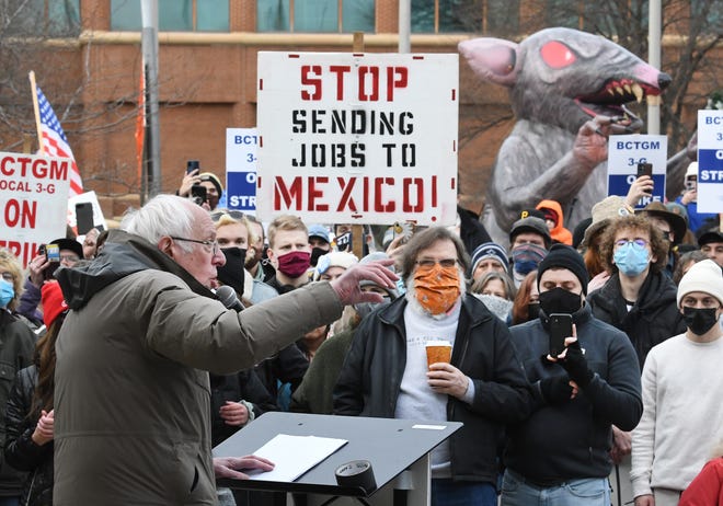 U.S. Senator Bernie Sanders speaks at a rally for striking Kellogg's workers at Farmers Market Square in Battle Creek, Michigan on December 17, 2021.