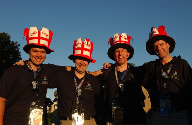 English golf fans, from left, Andre Bell, Jon Barette, Andrew Sanders and Rob Thornton, all of England, take in the action at Oakland Hills during the 35th Ryder Cup in 2004.