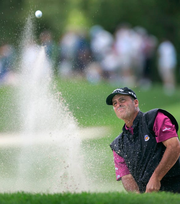 Rocco Mediate watches his ball lift out of the trap on the 7th hoel during second-round play Friday in the PGA Championship at Oakland Hills in 2008.