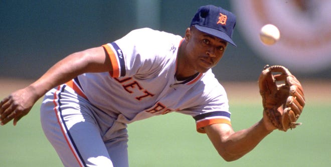 Tigers second baseman Lou Whitaker catches a throw during a game against the California Angels in 1991.