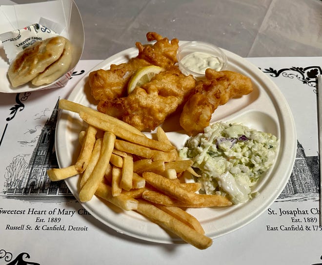 The three-piece beer-battered cod dinner, $15, served with superb coleslaw and choice of fries or mac and cheese at Sweetest Heart of Mary's fish fry. Add on a potato pierogi for $3 each.
